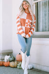 Brown Checkered Floral Print Striped Sleeve Sweater-Tops-MomFashion