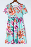 Sky Blue Short Sleeve High Waist Floral T-shirt Dress-Dresses-MomFashion