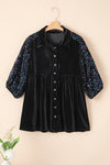 Black Sequin Puff Sleeve Buttoned Velvet Peplum Shirt-Tops-MomFashion