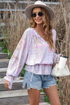 Purple Mixed Print Split Neck Ruffle Bubble Sleeve Blouse-Tops-MomFashion