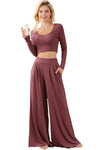 Solid Color Ribbed Crop Top Long Pants Set-Loungewear-MomFashion