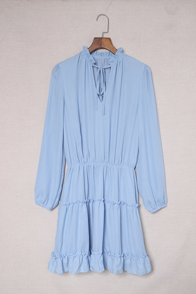 Light Blue V Neck Long Sleeve Ruffle Tiered Mini Dress-Dresses-MomFashion