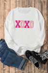 White XOXO Glitter Print Round Neck Casual Sweater-Tops-MomFashion