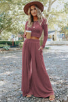 Solid Color Ribbed Crop Top Long Pants Set-Loungewear-MomFashion