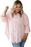 Pink Flap Pocket Tab Sleeve Button-Down Plus Size Shirt-Plus Size-MomFashion