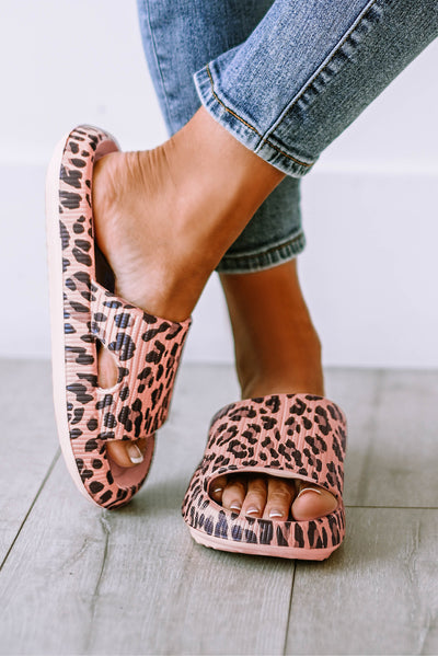 Pink Leopard Print Thick Sole Slip On Slippers-Shoes & Bags-MomFashion