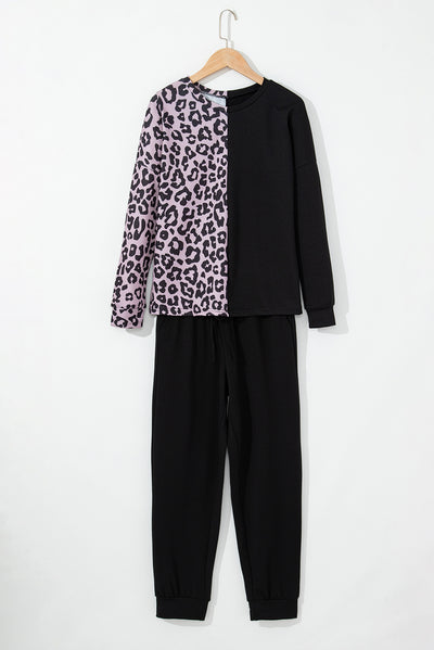 Black Contrast Leopard Long Sleeve Pullover and Joggers Outfit-Loungewear-MomFashion