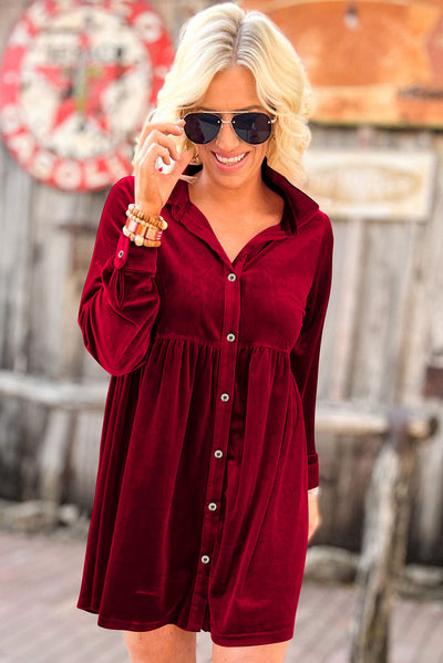 Fiery Red Long Sleeve Ruffle Velvet Button Up Dress-Dresses-MomFashion