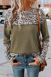 Jungle Green Leopard Print Waffle Knit Patchwork Top-Tops-MomFashion