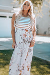 White Striped Floral Print Sleeveless Maxi Dress with Pocket-Dresses-MomFashion