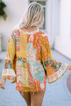 Multicolor Paisley Print Bell Sleeve Lace V-Neck Button Sheer Blouse-Tops-MomFashion