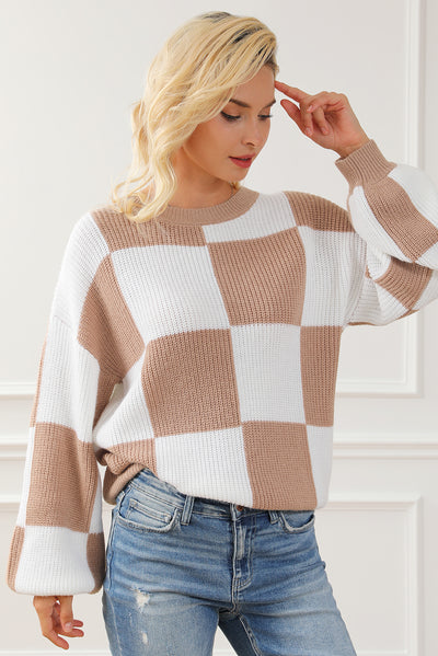 Checkered Ribbed Knit Puff Sleeve Sweater-Tops-MomFashion