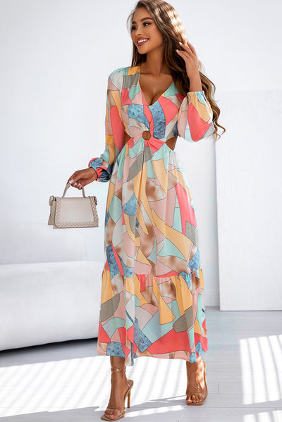 Multicolor Abstract Print O-ring Cut out Long Sleeve Maxi Dress-Dresses-MomFashion