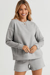 Gray Textured Long Sleeve Top and Drawstring Shorts Set-Loungewear-MomFashion