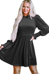 Black Frilled Neck Smocked Bodice Velvet Dress-Dresses-MomFashion