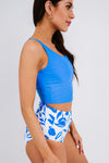 Blue Square Neck Sleeveless Fashion Print Tankini Set-Swimwear-MomFashion