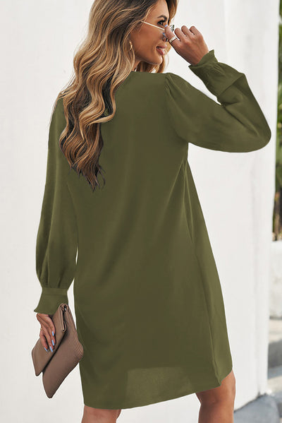 Green Split V Neck Ruffled Sleeves Shirt Dress-Dresses-MomFashion