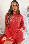 Racing Red Corded MERRY Graphic Long Sleeve Top and Shorts Set-Two Piece Sets/Short Sets-MomFashion