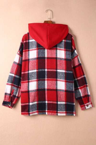 Fiery Red Hooded Plaid Button Front Shacket-Outerwear-MomFashion