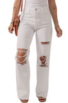 Bright White Heavy Distressed Straight Leg Jeans-Bottoms-MomFashion