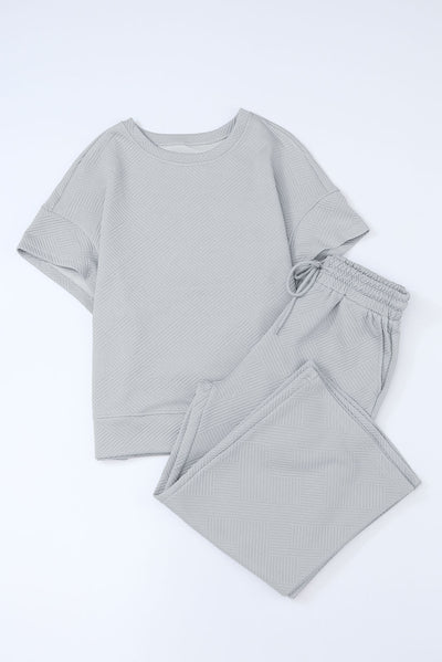 Gray Textured Loose Fit T Shirt and Drawstring Pants Set-Loungewear-MomFashion