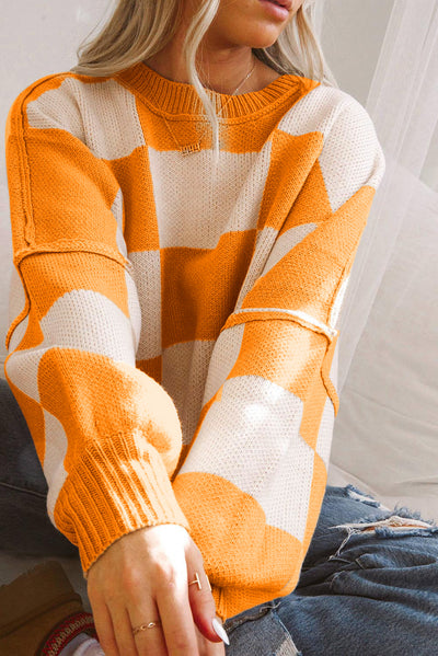 Orange Checkered Bishop Sleeve Sweater-Tops-MomFashion