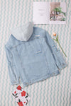 Sky Blue Button Closure Ripped Hooded Denim Jacket-Outerwear-MomFashion