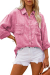 Pink Mineral Wash Crinkle Textured Chest Pockets Shirt-Tops-MomFashion