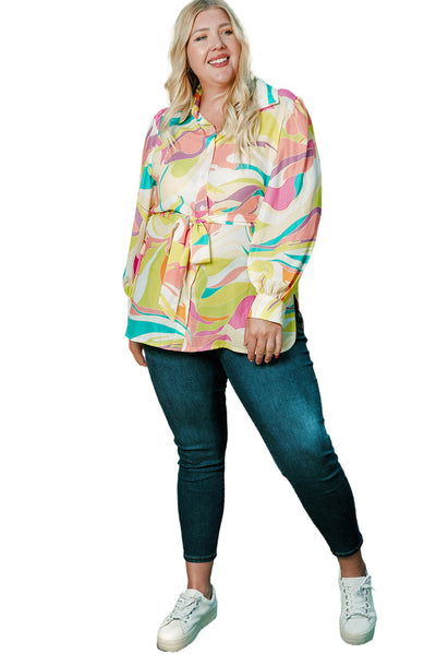 Yellow Plus Size Abstract Print Loose Tunic Shirt-Plus Size-MomFashion