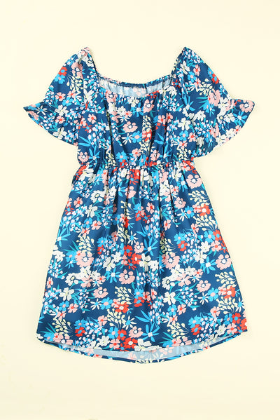 Blue Square Neck Ruffle Floral Dress-Dresses-MomFashion