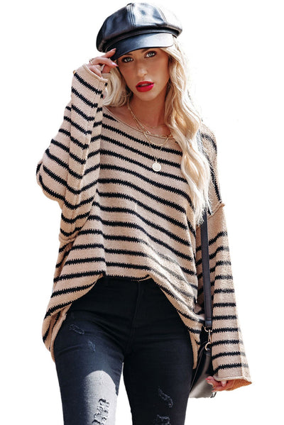 Striped Print Dropped Shoulder Loose Sleeve Sweater-Tops-MomFashion