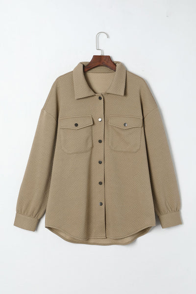 Khaki Solid Textured Flap Pocket Buttoned Shacket-Outerwear-MomFashion