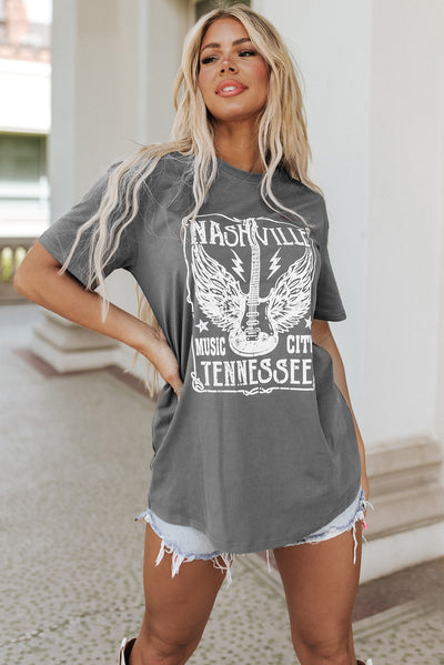 Gray Guitar Slogan Letter Graphic Print Oversized T Shirt-Graphic-MomFashion