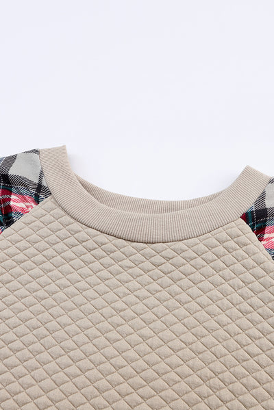 Apricot Plaid Raglan Sleeve Sweatshirt-Tops-MomFashion