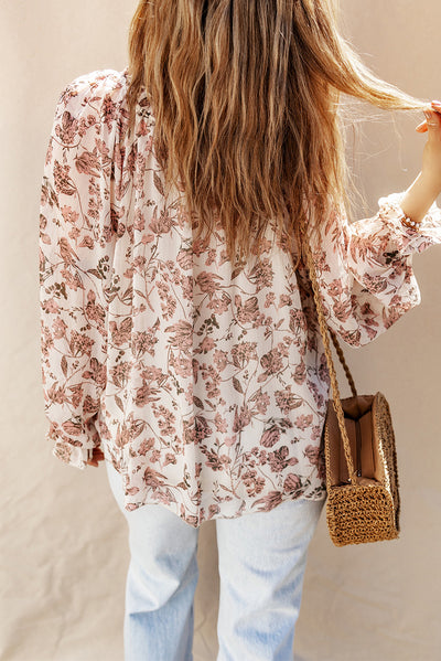 Boho Floral Print Split V Neck Bubble Sleeve Blouse-Tops-MomFashion