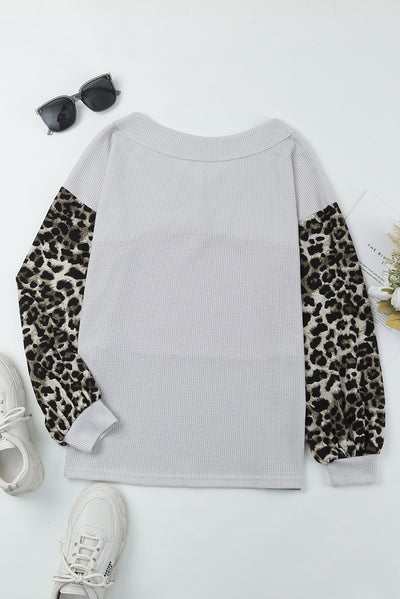 Fiery Red Wild Leopard Contrast Sleeve Colorblock Waffle Knit Top-Tops-MomFashion