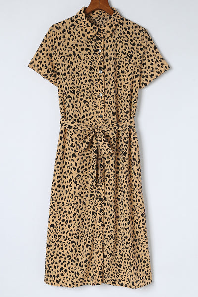 Khaki Leopard Turn-Down Collar Slit Midi Dress-Dresses-MomFashion