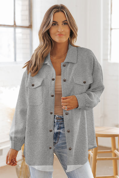 Gray Solid Textured Flap Pocket Buttoned Shacket-Outerwear-MomFashion