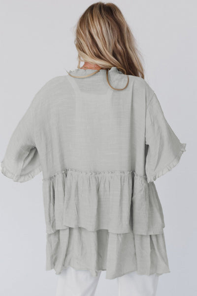 Gray Ruffled Trim Half Sleeve Open Front Kimono-Outerwear-MomFashion