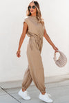 Light French Beige Cap Sleeve Open Back Drawstring Jogger Jumpsuit-Bottoms-MomFashion