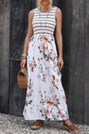 White Striped Floral Print Sleeveless Maxi Dress with Pocket-Dresses-MomFashion