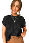 Black Crew Neck Cable Knit Short Sleeve Sweater-Tops-MomFashion