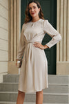 Apricot Twist Front Tie Back Long Sleeve Satin Dress-Dresses-MomFashion