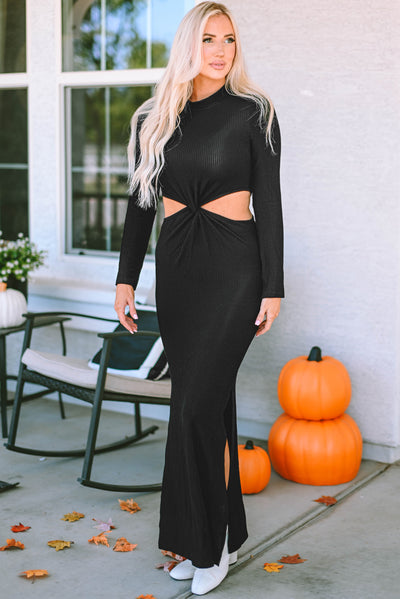 Black Ribbed Twist Cutout Long Sleeve Dress-Dresses-MomFashion