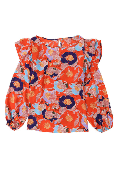 Fiery Red Floral Print Ruffle Puff Sleeve Blouse-Tops-MomFashion