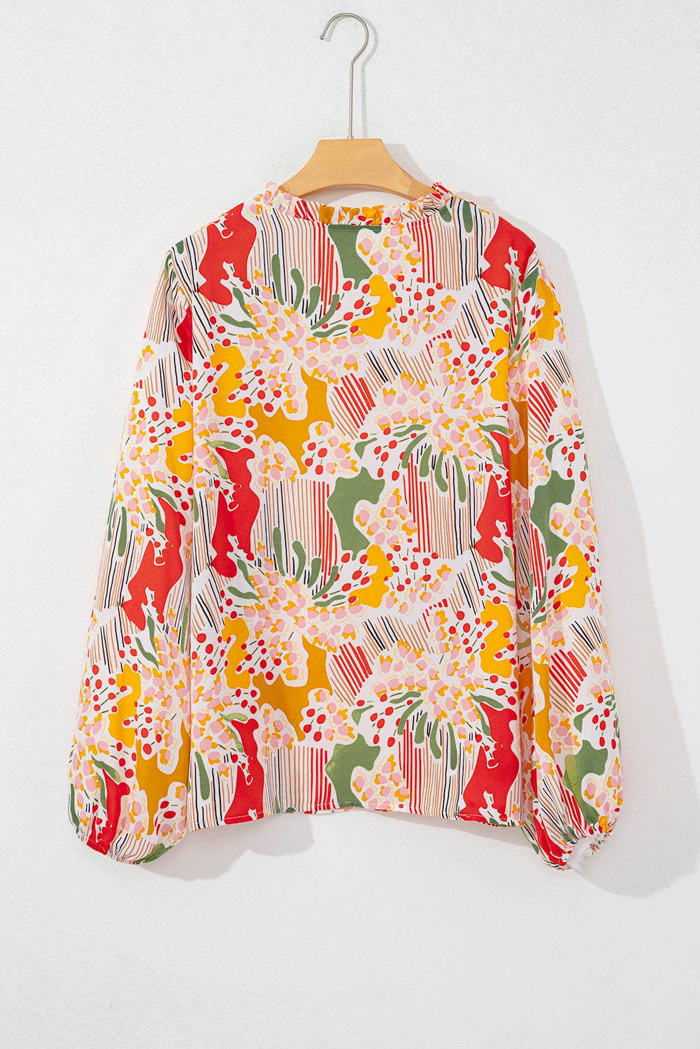 Orange Printed Floral Abstract Print Frilled V Neck Plus Size Blouse-Plus Size-MomFashion