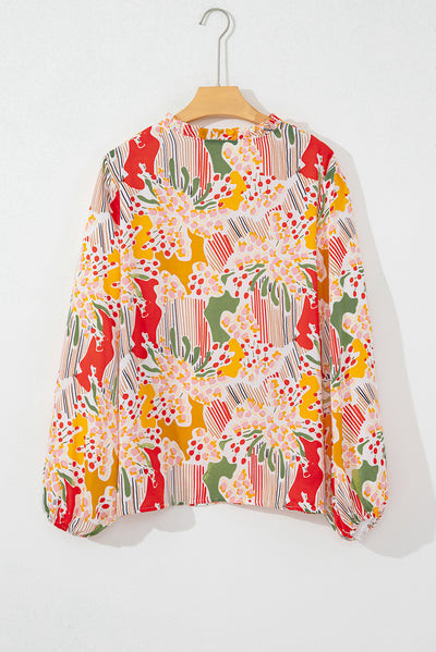 Orange Printed Floral Abstract Print Frilled V Neck Plus Size Blouse-Plus Size-MomFashion