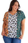 Yellow Plus Size Leopard Print Contrast T-Shirt-Plus Size-MomFashion