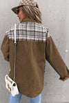 Brown Plaid Patchwork Pockets Denim Jacket-Outerwear-MomFashion