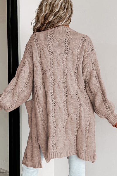 Apricot Ribbed Trim Eyelet Cable Knit Cardigan-Tops-MomFashion